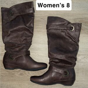 YUU Boots Knee High Womens Brown Size 8 Side Zip Buckle Block Heels